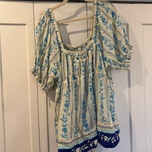 Free People Cream and Blue Floral Peasant Blouse